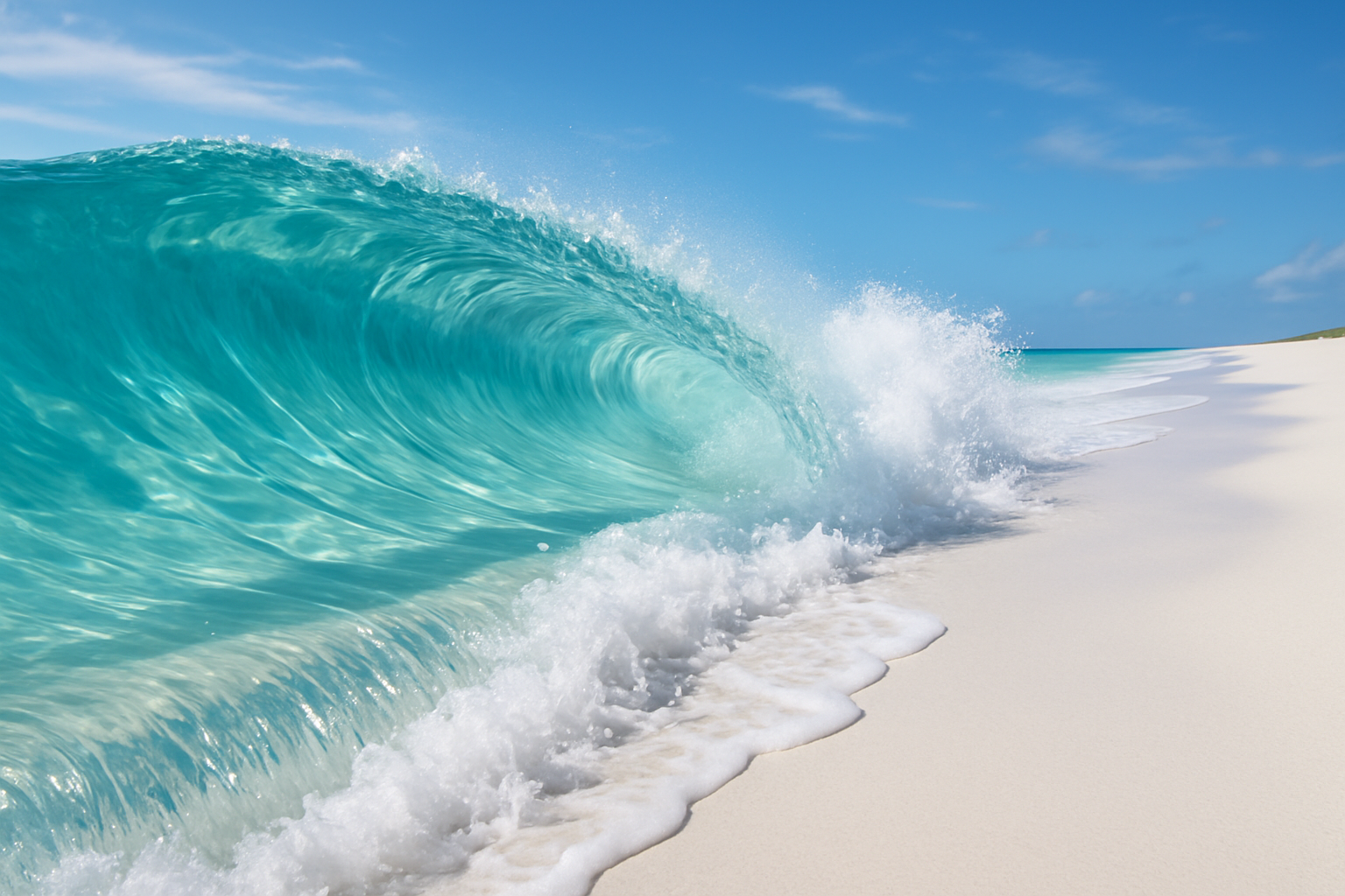Glassy wave breaking on a white sand beach